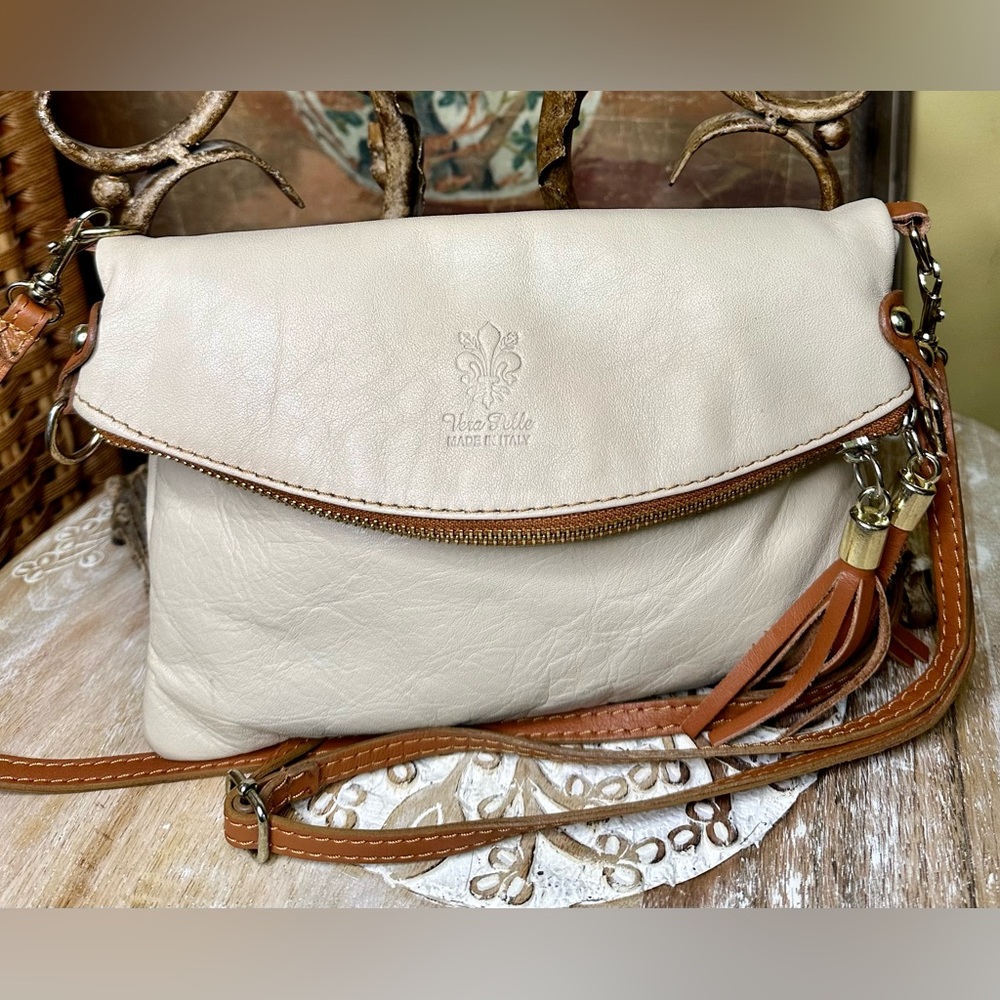 EUC Vera Pella Small Fold-over Crossbody *Creamy Beige & Tan 2nd Strap Included